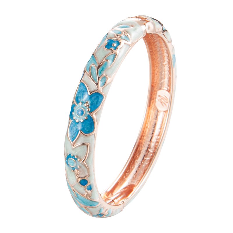Light Blue Floral Cloisonne Enamel Hinged Bangle Bracelet Oriental Vintage Chinese Flower Jewelry For Women