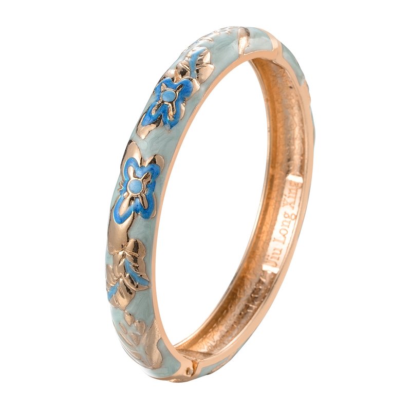 Light Blue Floral Cloisonne Enamel Hinged Bangle Bracelet Oriental Vintage Chinese Flower Jewelry For Women