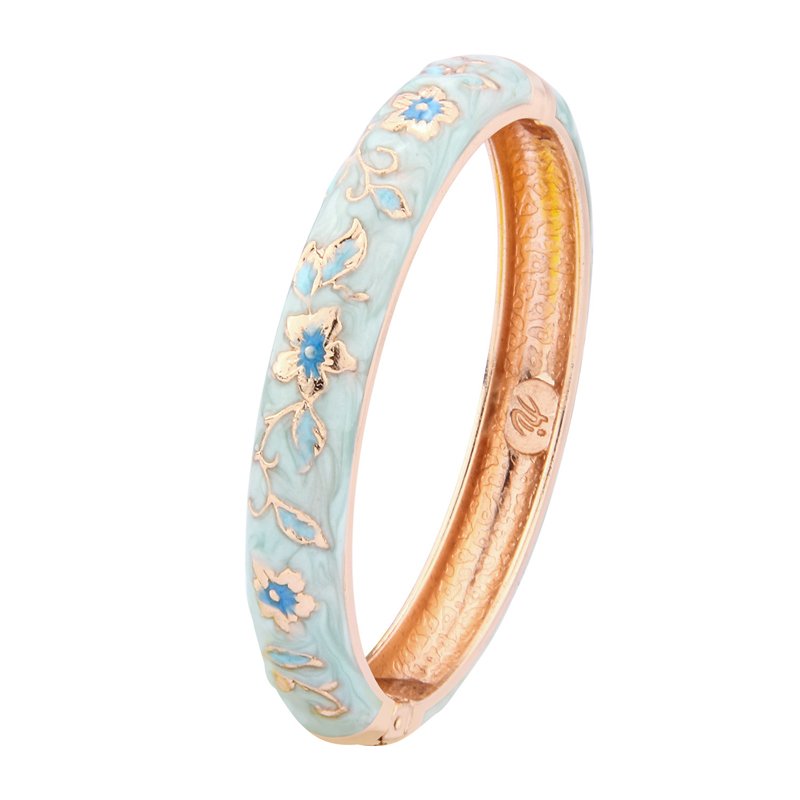 Light Blue Floral Cloisonne Enamel Hinged Bangle Bracelet Oriental Vintage Chinese Flower Jewelry For Women