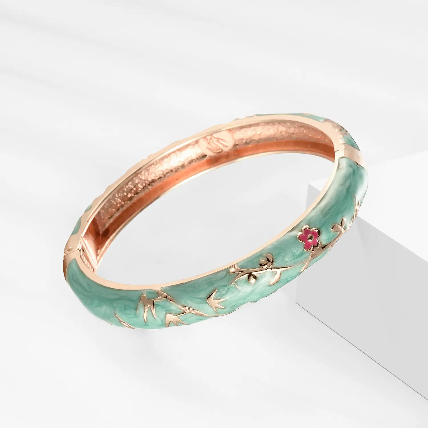 Rose gold cloisonne peony enamel hinged bangle bracelet, green base vintage oriental women fashion jewelry