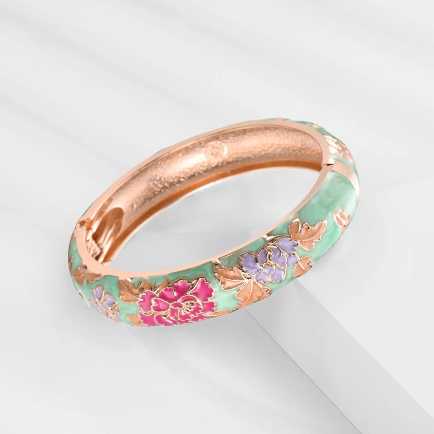 Rose gold cloisonne peony enamel hinged bangle bracelet, green base vintage oriental women fashion jewelry