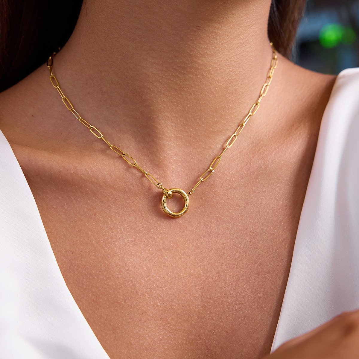 Two tone interlocking heart circle pendant stainless steel paperclip chain necklace for women