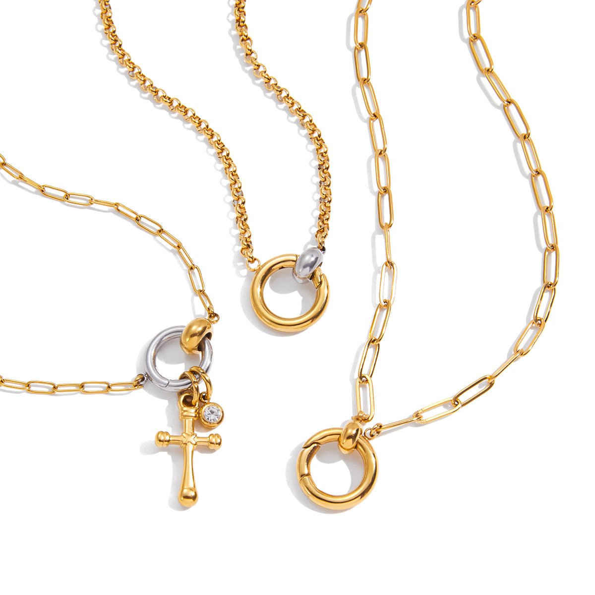 Two tone interlocking heart circle pendant stainless steel paperclip chain necklace for women