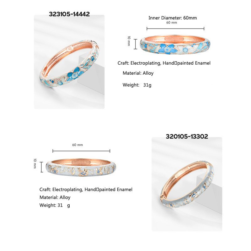 Light Blue Floral Cloisonne Enamel Hinged Bangle Bracelet Oriental Vintage Chinese Flower Jewelry For Women