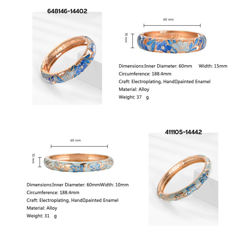 Light Blue Floral Cloisonne Enamel Hinged Bangle Bracelet Oriental Vintage Chinese Flower Jewelry For Women