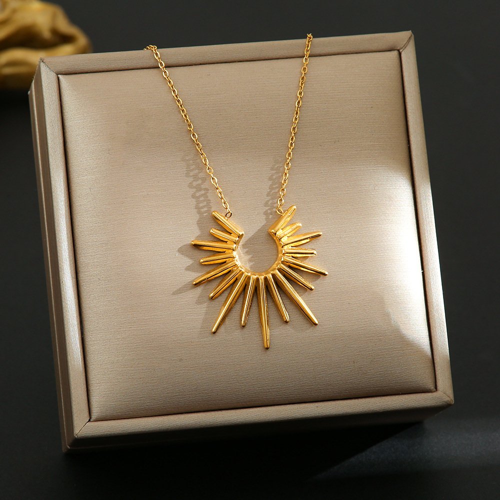 Gold Sunburst Pendant Necklace, 18K Gold Plated Half Sun Ray Statement Necklace For Women