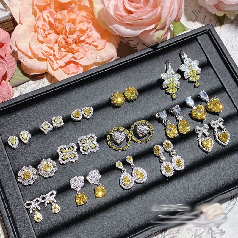 Yellow Zircon Heart Stud Earrings | Heart Shape Citrine Silver Tone Halo Statement Earrings For Women Wedding Party
