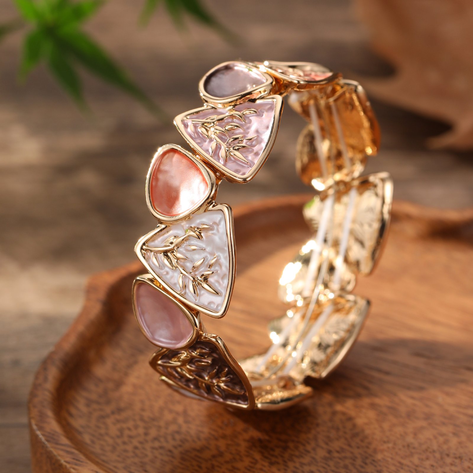 Gold Plated Enamel Bamboo Pattern Stretch Bracelet, Vintage Boho Bamboo Leaf Statement Bracelet For Women