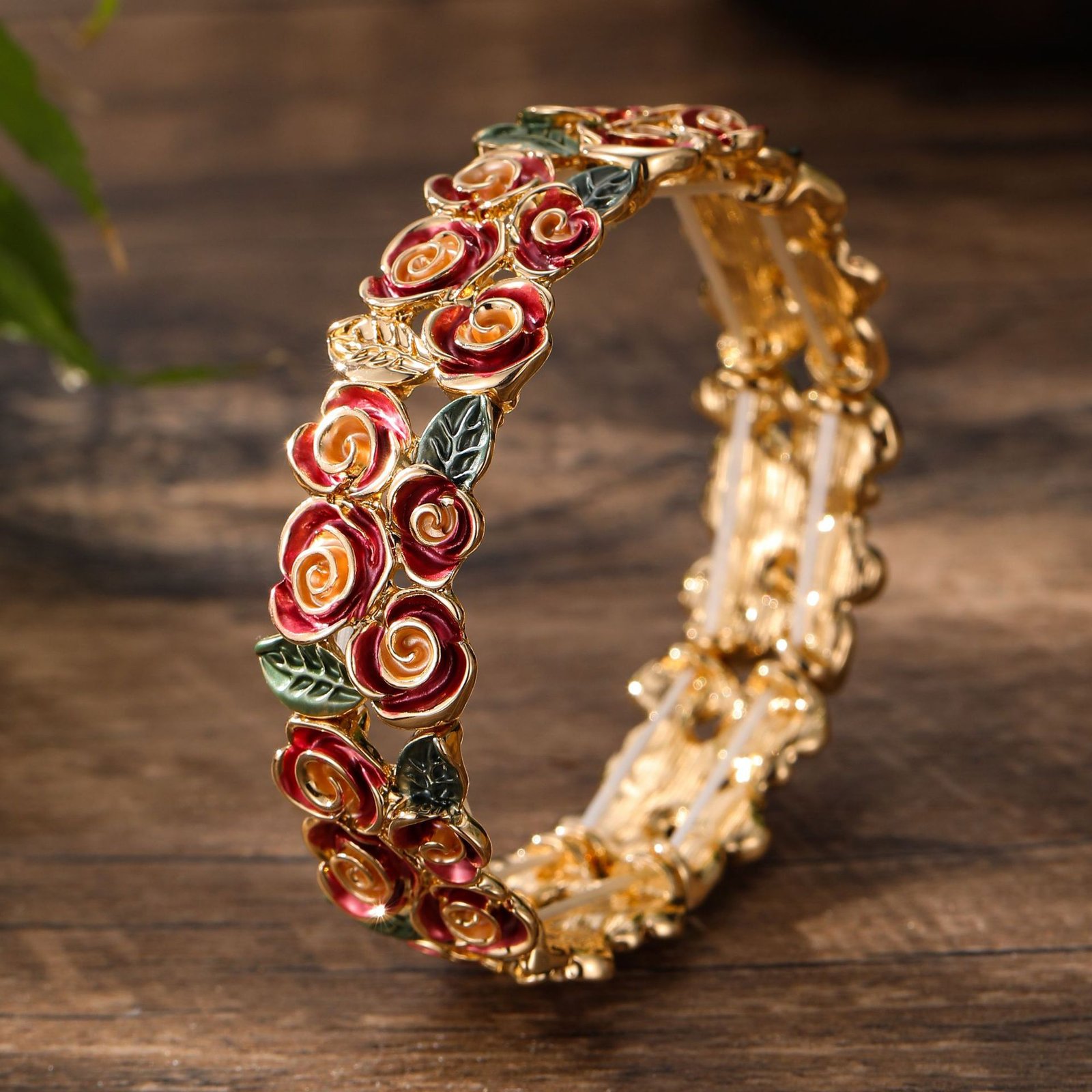 Enamel Rose Stretch Bracelet Gold Tone Red Floral Elastic Bangle For Women