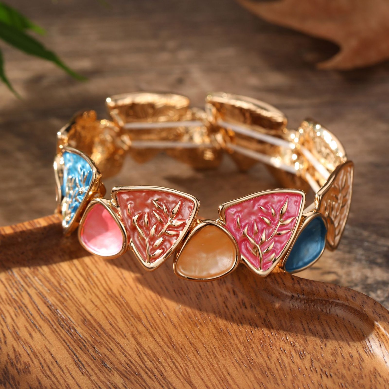 Gold Plated Enamel Bamboo Pattern Stretch Bracelet, Vintage Boho Bamboo Leaf Statement Bracelet For Women