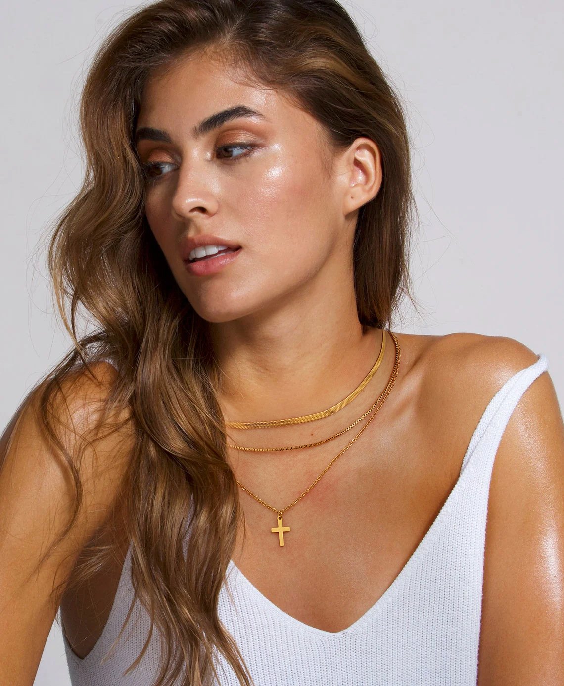 Gold Stainless Steel Layered Cross Pendant Necklace