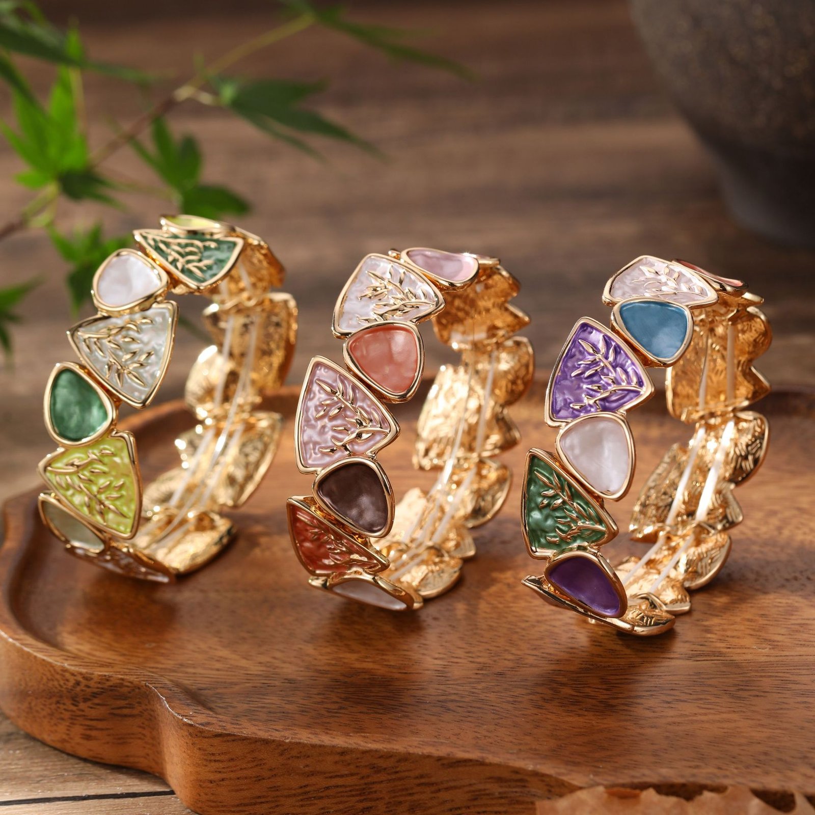 Enamel Bamboo Pattern Stretch Bracelet | Gold Plated Vintage Boho Statement Bangle