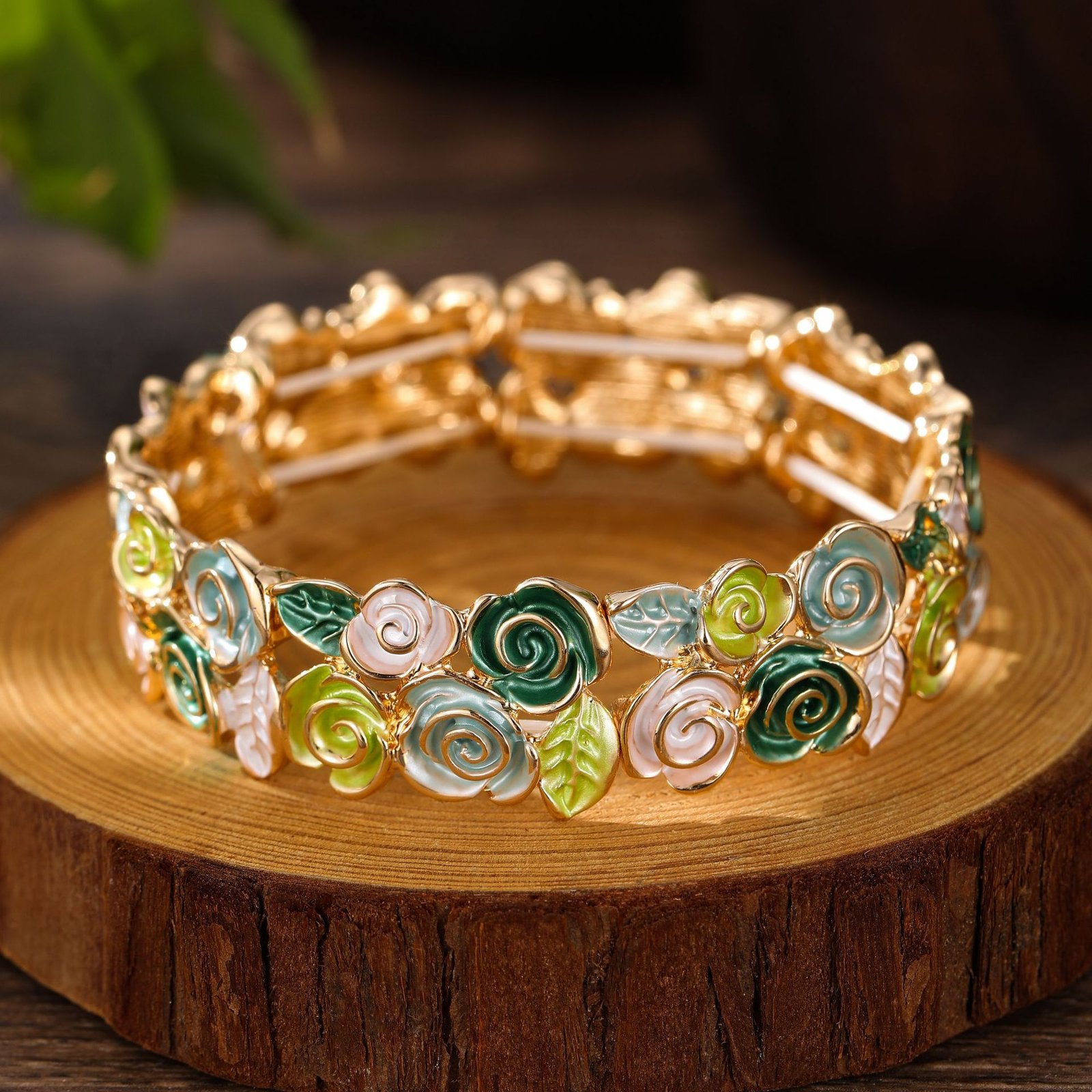 Enamel Rose Stretch Bracelet Gold Tone Red Floral Elastic Bangle For Women