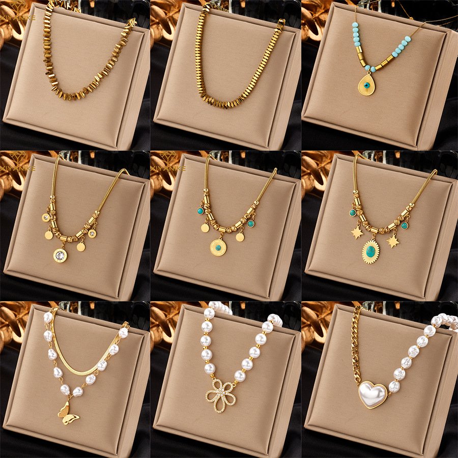 Rhinestone Hollow Flower Pearl Beaded Necklace | Gold Tone Sparkling Crystal Floral Pendant Round White Pearl Necklace For Women