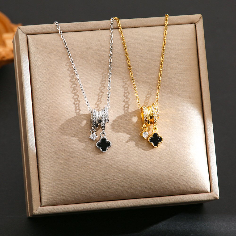Gold Clover Barrel Pendant Necklace, Gold Plated Micro Pave Zircon Black Four Leaf Clover Necklace For Women