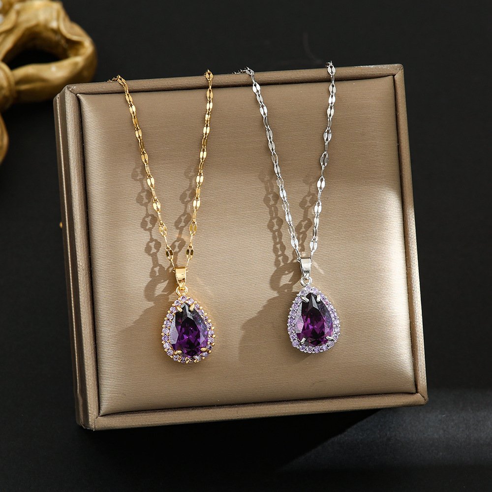 Purple Teardrop Crystal Pendant Necklace, Gold Plated Halo Amethyst Color Zircon Necklace For Women Party Wear