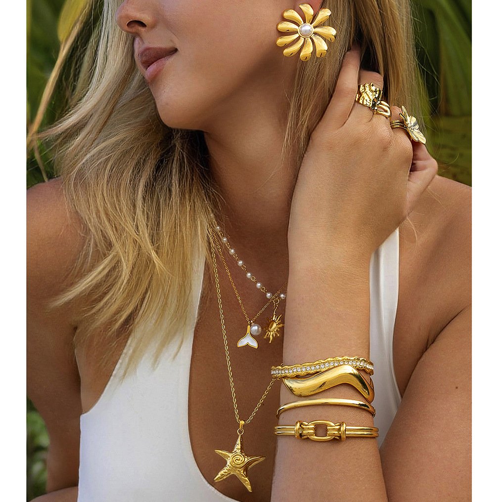 Stainless Steel Pearl Sun Pendant Necklace, Gold Tone Waterproof Hypoallergenic Dainty Pearl Sun Choker For Women