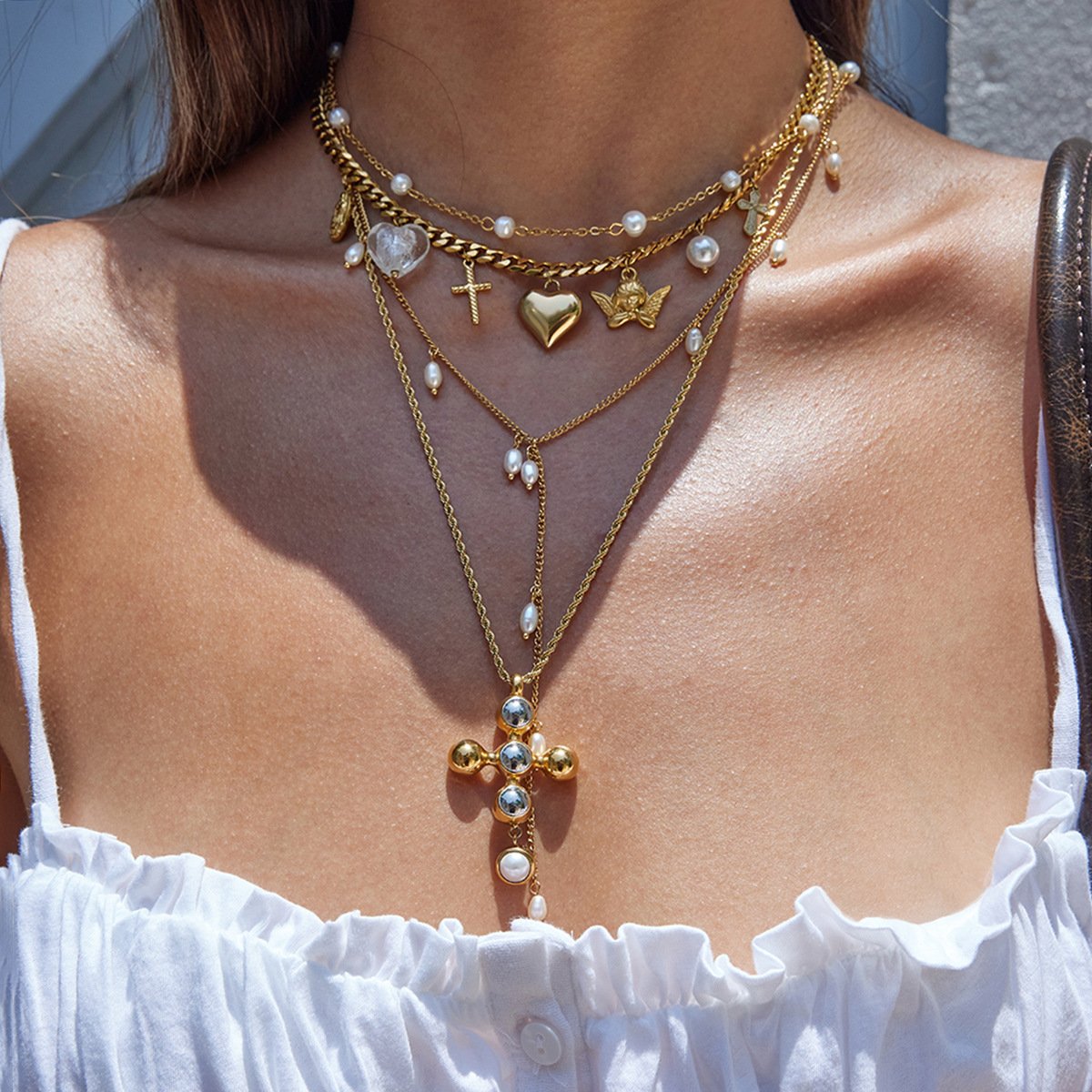 Stainless Steel Cross Pendant Necklace With Pearl