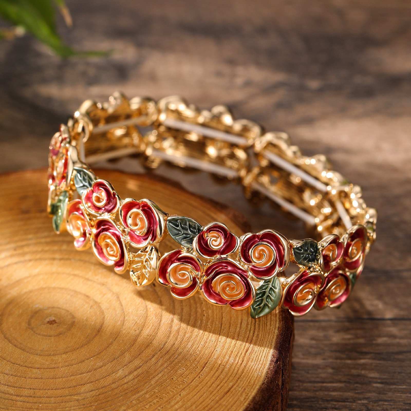 Enamel Rose Stretch Bracelet Gold Tone Red Floral Elastic Bangle For Women