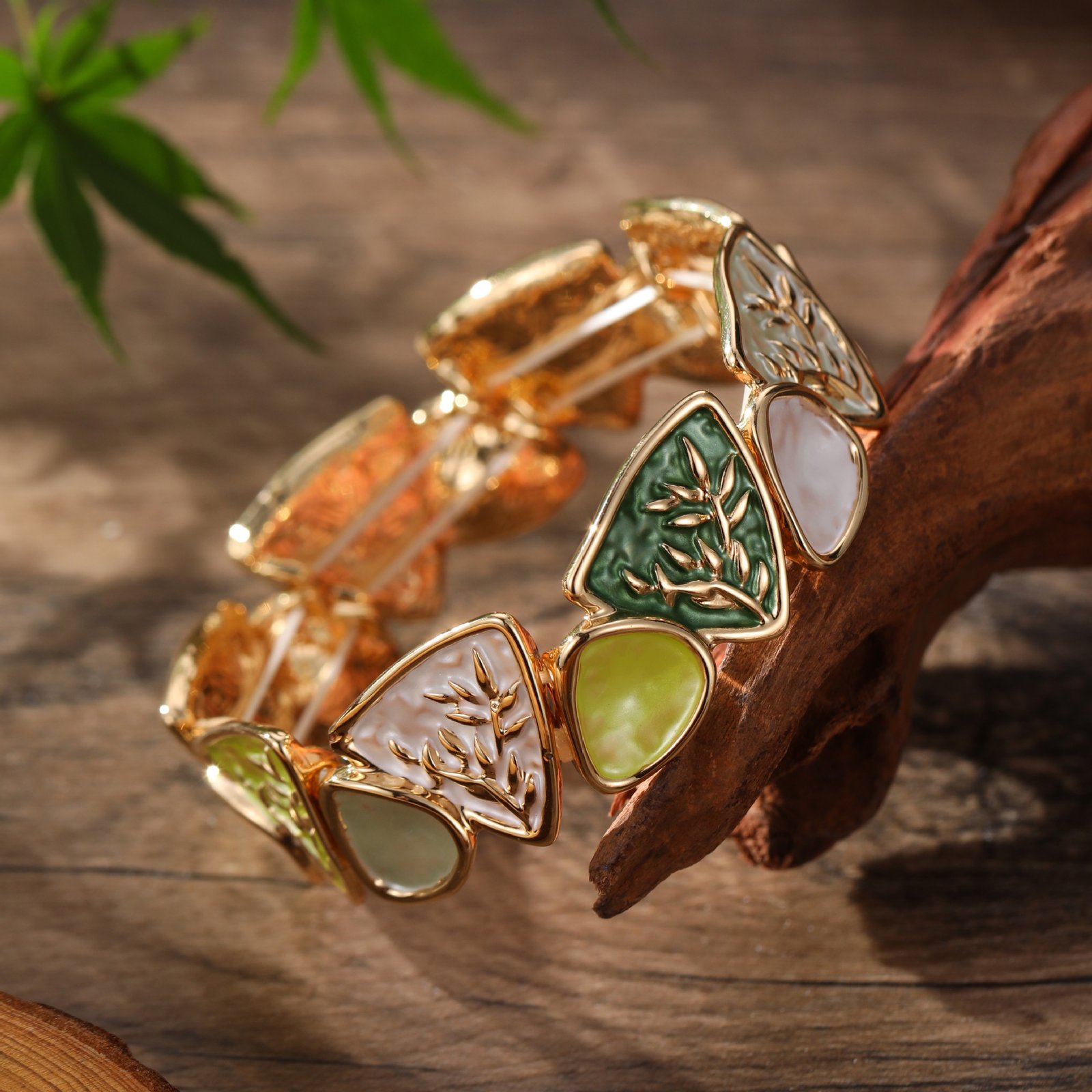 Gold Plated Enamel Bamboo Pattern Stretch Bracelet, Vintage Boho Bamboo Leaf Statement Bracelet For Women