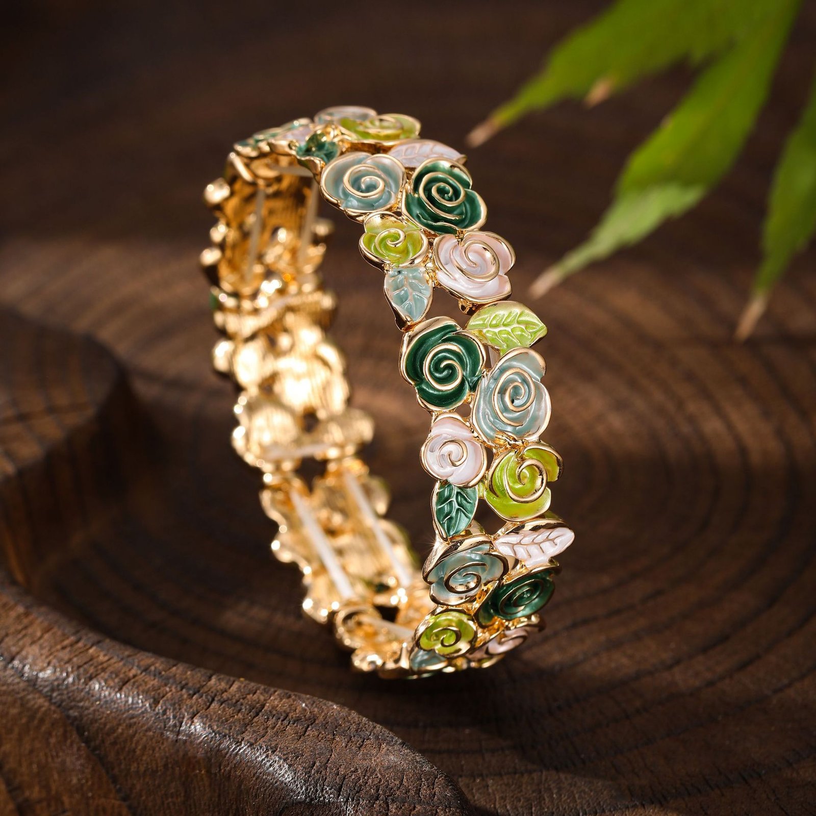 Enamel Rose Stretch Bracelet Gold Tone Red Floral Elastic Bangle For Women