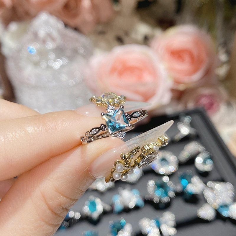 Blue Center Pave Crystal Flower Ring Silver Tone Hand Close Up