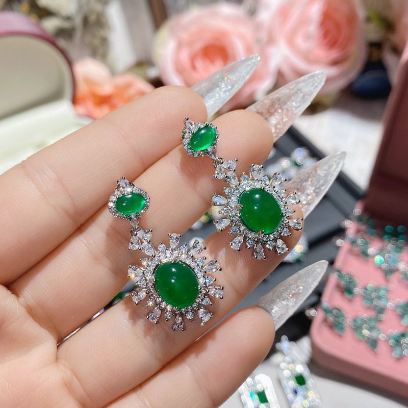 Green Leaf Teardrop Zircon Drop Earrings Silver Tone Hand Close Up