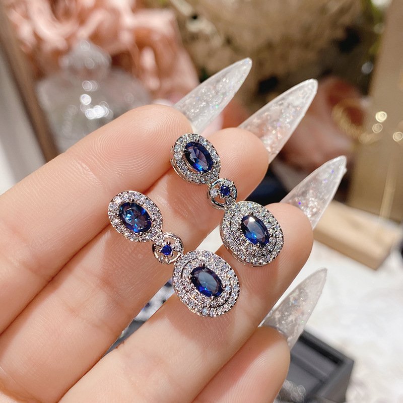 Blue Zircon Four Leaf Clover Stud Earrings, Silver Tone CZ Sapphire Statement Earrings For Women