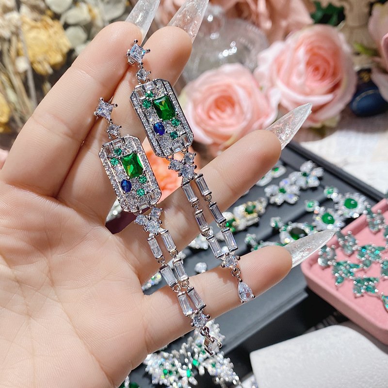 Long Cascading Leaf Emerald Green Cubic Zirconia Dangle Earrings