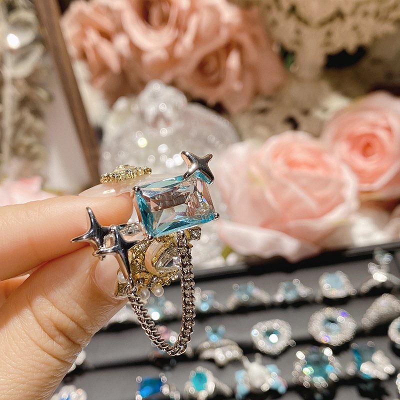 Blue Center Pave Crystal Flower Ring Silver Tone Hand Close Up