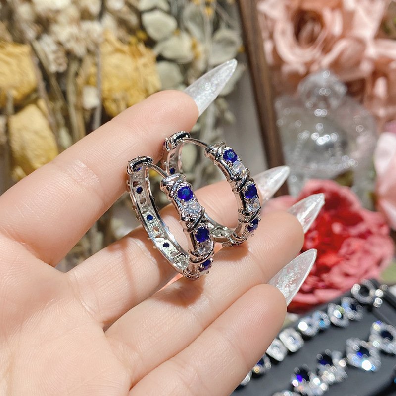 Blue Zircon Four Leaf Clover Stud Earrings, Silver Tone CZ Sapphire Statement Earrings For Women