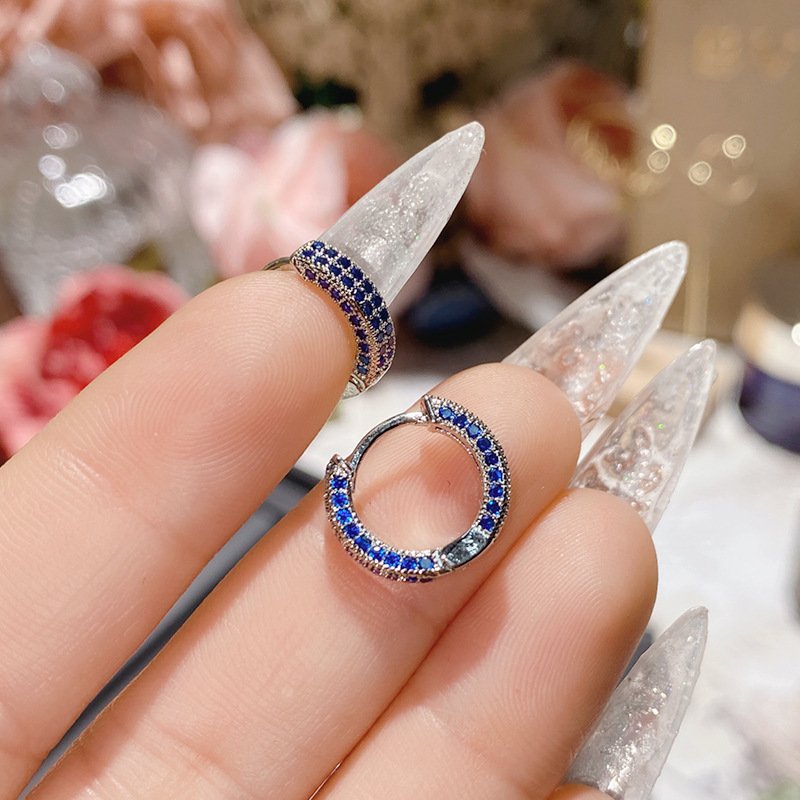 Blue Zircon Four Leaf Clover Stud Earrings, Silver Tone CZ Sapphire Statement Earrings For Women