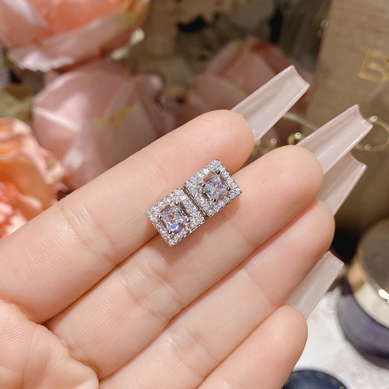 Double C Water Drop Zircon Stud Earrings Silver Tone