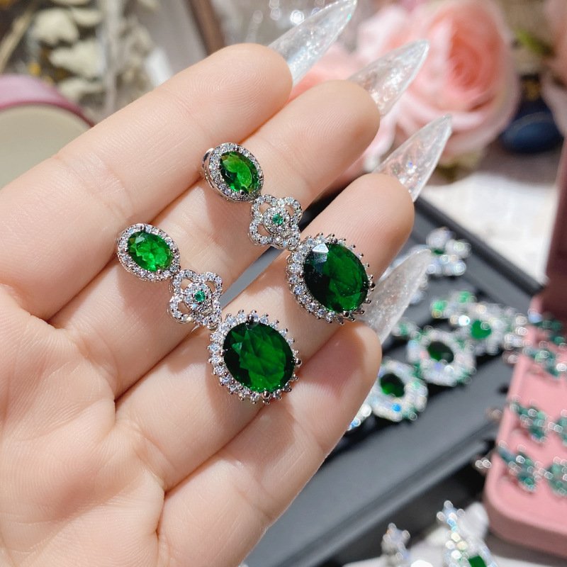 Long Cascading Leaf Emerald Green Cubic Zirconia Dangle Earrings
