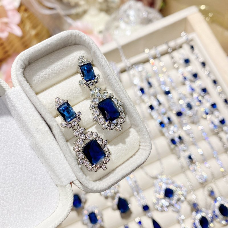 Blue Zircon Four Leaf Clover Stud Earrings, Silver Tone CZ Sapphire Statement Earrings For Women