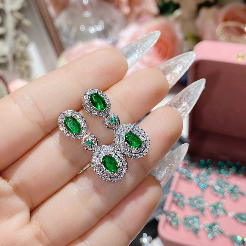 Long Cascading Leaf Emerald Green Cubic Zirconia Dangle Earrings