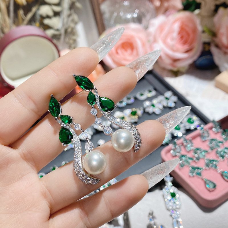 Long Cascading Leaf Emerald Green Cubic Zirconia Dangle Earrings