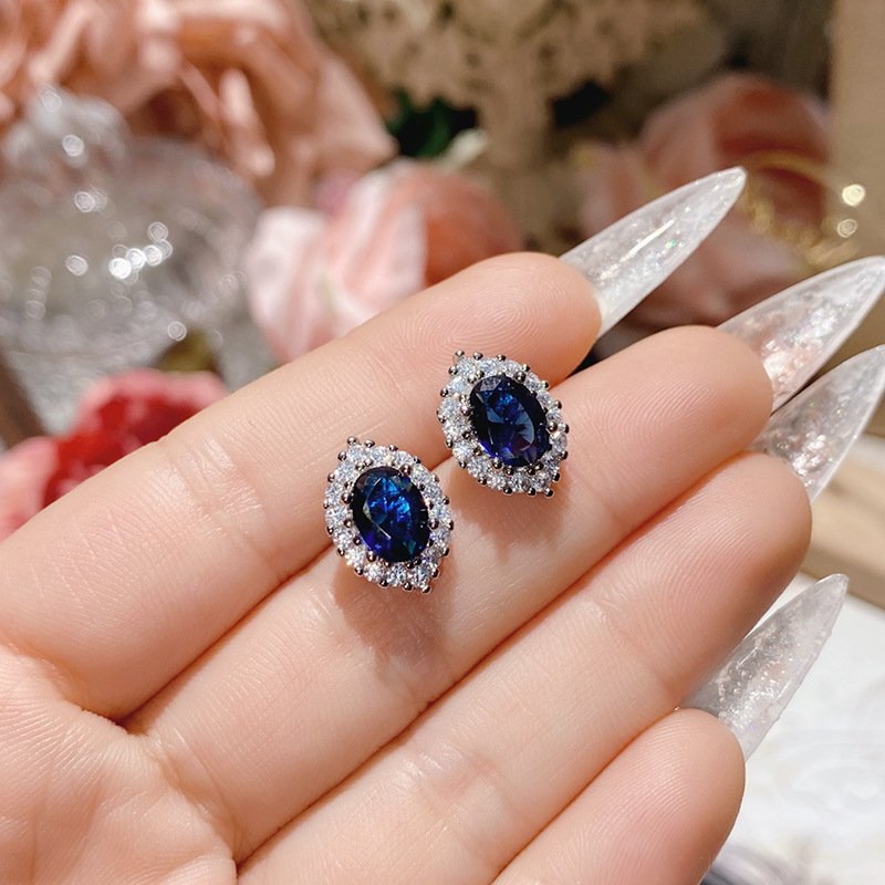 Blue Zircon Four Leaf Clover Stud Earrings, Silver Tone CZ Sapphire Statement Earrings For Women