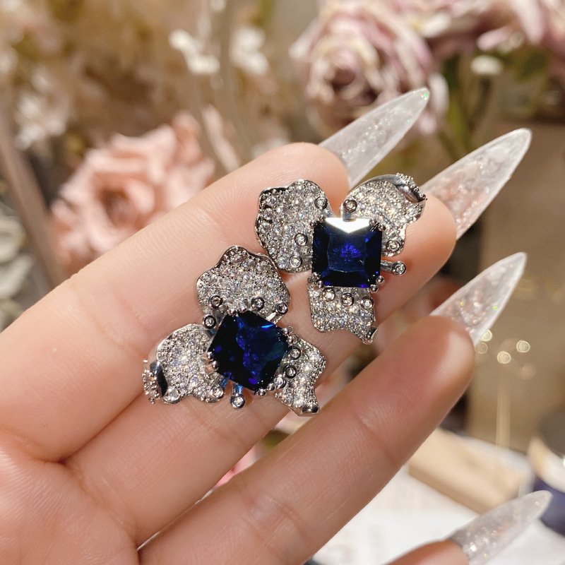 Blue Zircon Four Leaf Clover Stud Earrings, Silver Tone CZ Sapphire Statement Earrings For Women