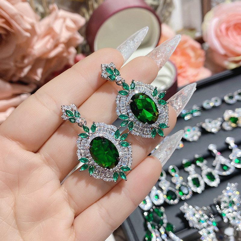 Luxury Green Stone Statement Dangling Earrings For Wedding Women