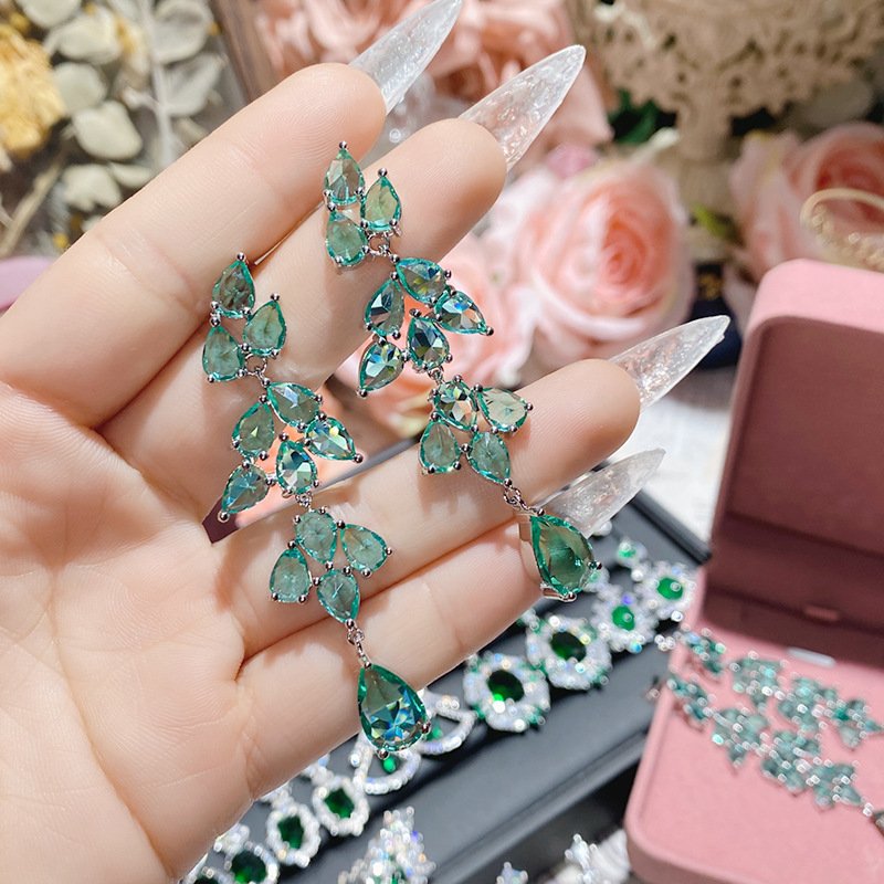Green Leaf Teardrop Zircon Drop Earrings Silver Tone Hand Close Up