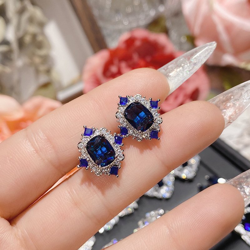 Blue Zircon Four Leaf Clover Stud Earrings, Silver Tone CZ Sapphire Statement Earrings For Women