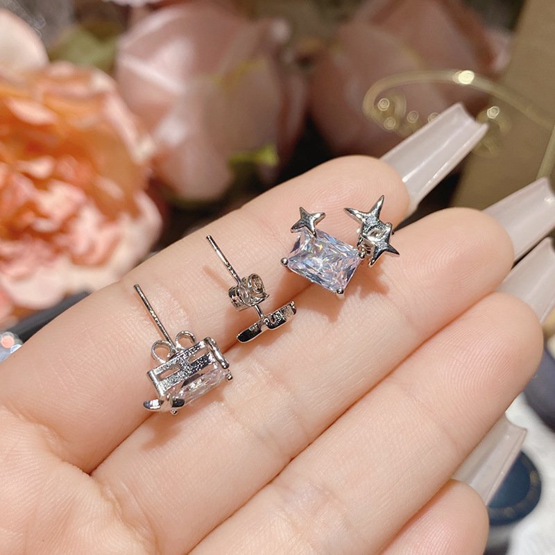 Double C Water Drop Zircon Stud Earrings Silver Tone