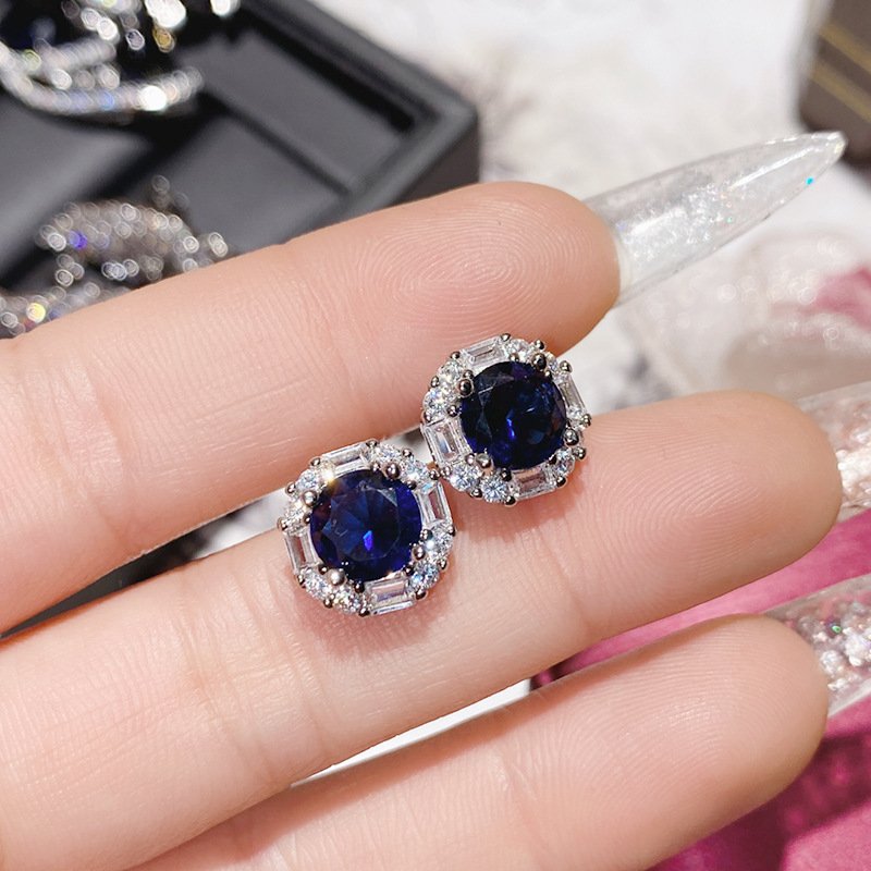 Blue Zircon Four Leaf Clover Stud Earrings, Silver Tone CZ Sapphire Statement Earrings For Women