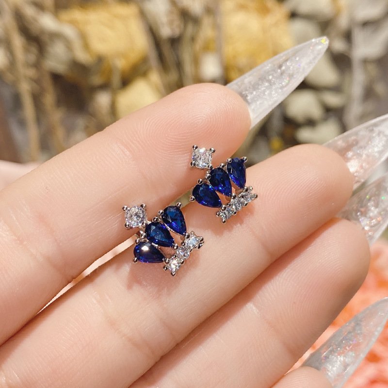 Blue Zircon Four Leaf Clover Stud Earrings, Silver Tone CZ Sapphire Statement Earrings For Women