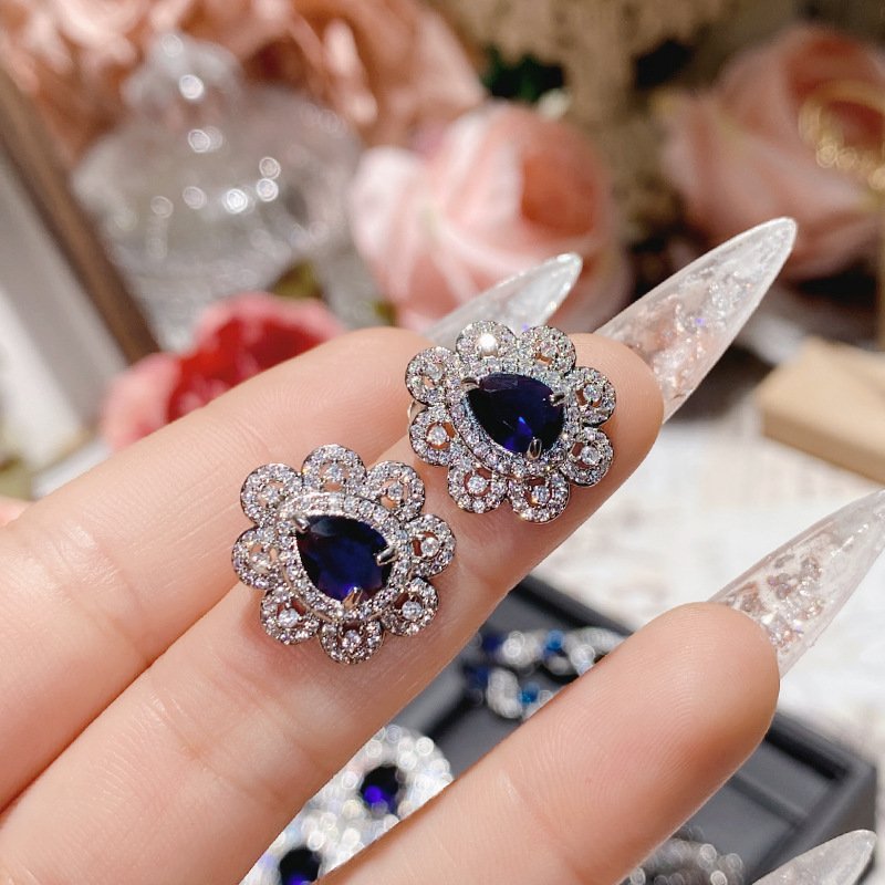 Blue Zircon Four Leaf Clover Stud Earrings, Silver Tone CZ Sapphire Statement Earrings For Women