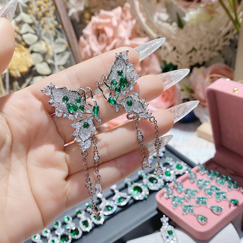 Luxury Green Stone Statement Dangling Earrings For Wedding Women