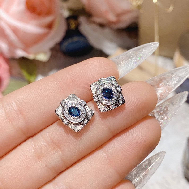 Blue Zircon Four Leaf Clover Stud Earrings, Silver Tone CZ Sapphire Statement Earrings For Women