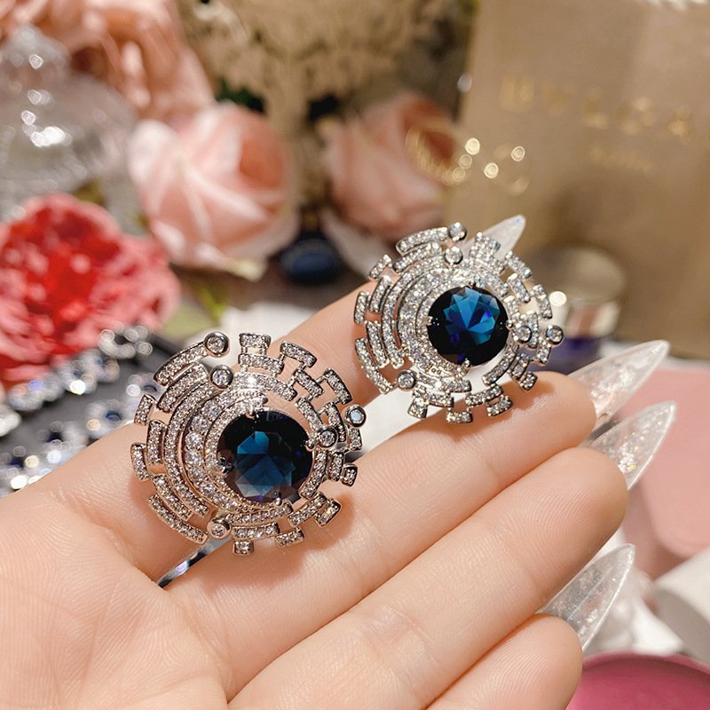 Blue Zircon Four Leaf Clover Stud Earrings, Silver Tone CZ Sapphire Statement Earrings For Women