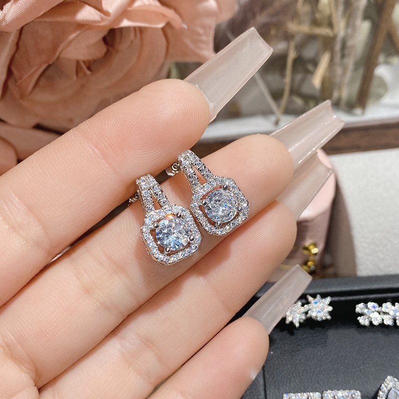 Double C Water Drop Zircon Stud Earrings Silver Tone